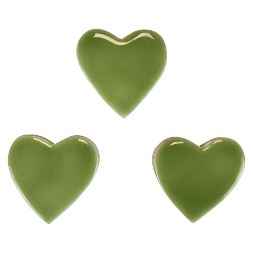Wooden hearts decorative hearts wood light green glossy effect 4.5 cm 8 pcs
