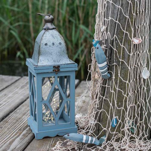 Product Wooden lantern with metal decoration, decorative lantern for hanging, garden decoration blue-silver H51cm