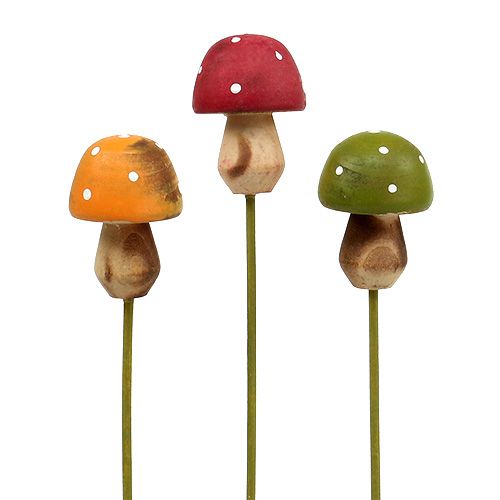 Floristik24 Wooden mushroom on the stick colorful assorted. 4cm 6pcs