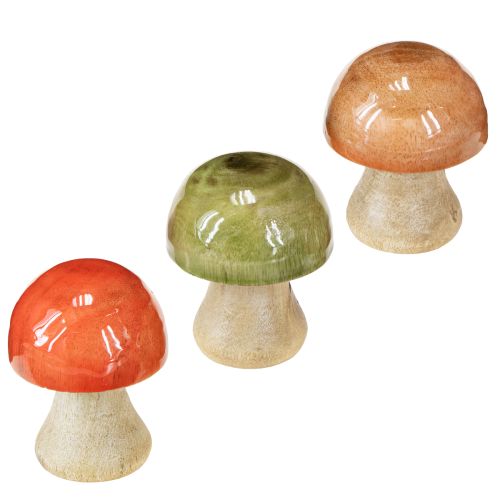 Wooden mushrooms autumn decoration mushrooms green red orange H6.5cm 9 pcs