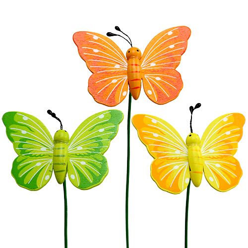 Wooden butterflies on the stick 3-colored assorted 8cm 24pcs