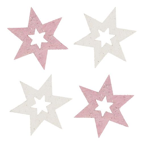 Floristik24 Wooden star 3.5cm pink/white with glitter 72 pcs