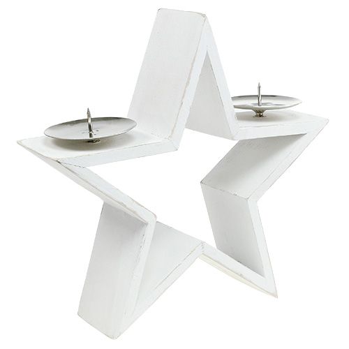 Wooden star with 2x candle holder white