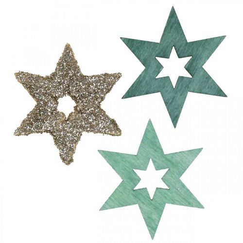 Floristik24 Scatter decoration wooden star green, glitter poinsettia mix 4cm 72 pcs