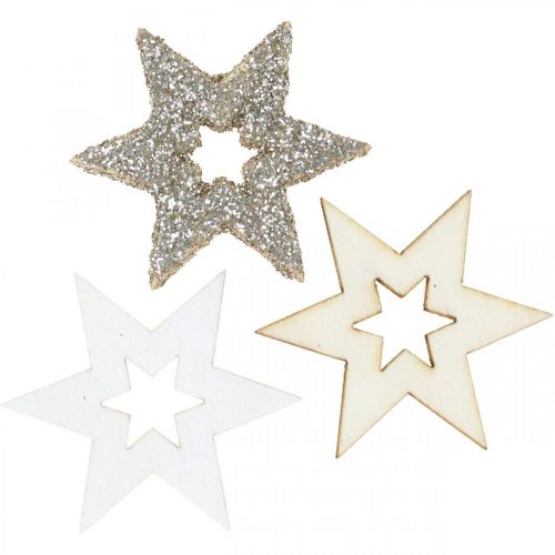 Scattered wood star natural, glitter, white 4cm assorted 72pcs