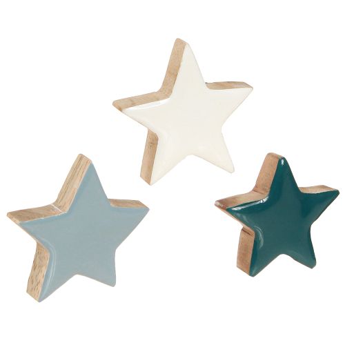 Wooden stars table decoration stars white blue turquoise 5cm 12 pieces
