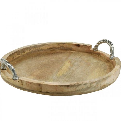 Floristik24 Wooden tray with handles, table decoration round real wood, metal natural, silver Ø40.5cm