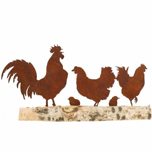 Floristik24 Chicken family metal rust on wooden base birch 32cm H15.5cm