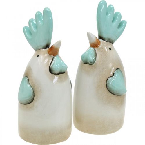 Floristik24 Ceramic Rooster Kitchen Deco Chicken White Blue Brown H14.5cm 2pcs