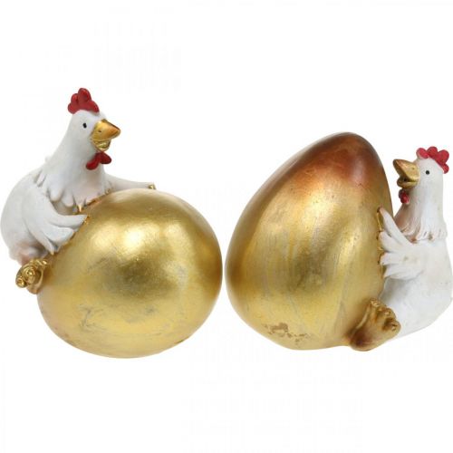 Floristik24 Decorative chickens with Easter egg, Easter chickens, golden egg, Easter decoration H12/11cm set of 2