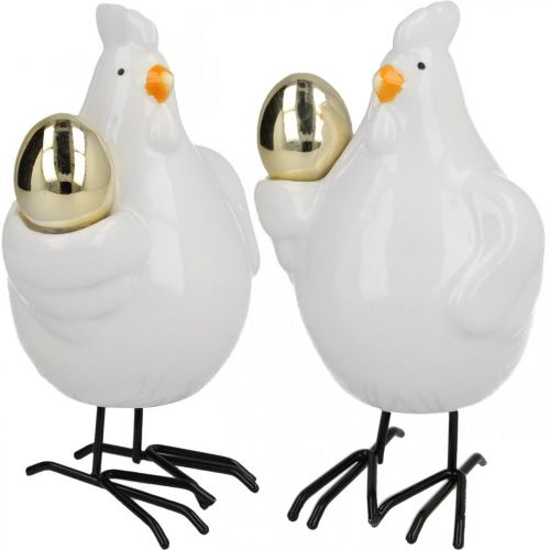 Floristik24 Decorative chicken with golden egg, Easter figure porcelain, Easter decoration hen H12cm 2pcs