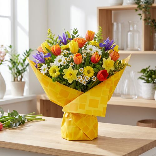 Product ProductNameYellow Paper Floristry Cuff Roll, 25 cm x 100 m, Mosaic Pattern for Bouquets and Plant Pots