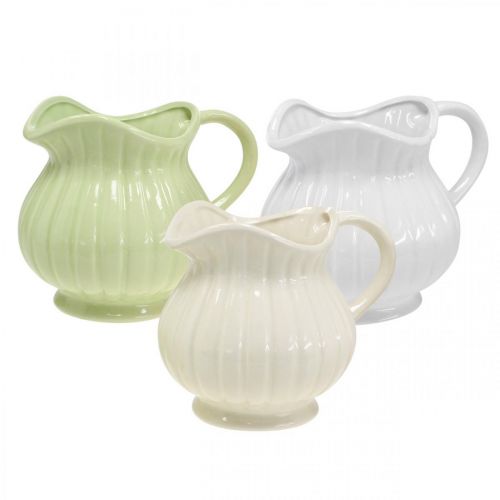 Decorative vase jug with handle ceramic green/white/cream H14.5cm 3pcs