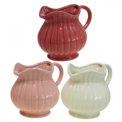 Decorative vase, jug with handle ceramic white, pink, red H14.5cm 3pcs