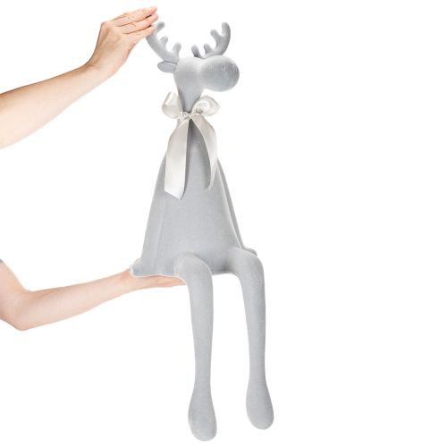 Beflocked Grey Elk Figurine with Bow, 80cm Sitting Edge Decoration | Floristik24.co.uk