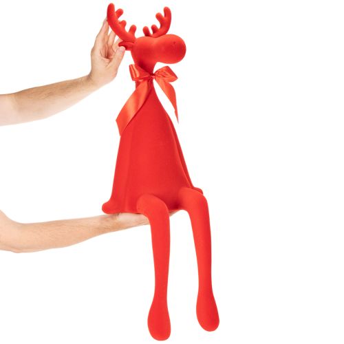 Red Flocked Sitting Reindeer Figurine with Bow 80cm | Floristik24.co.uk