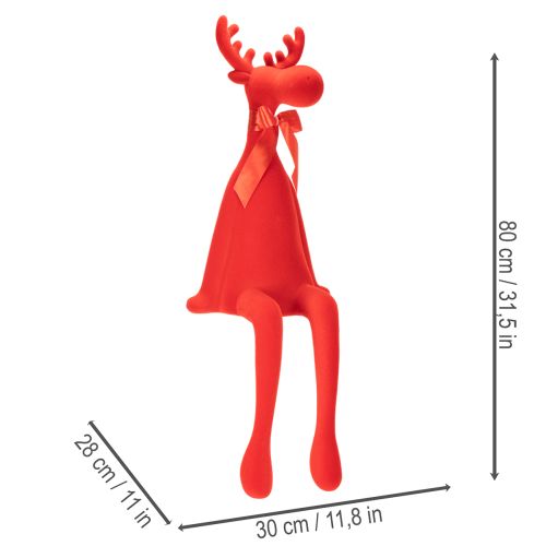 Red Flocked Sitting Reindeer Figurine with Bow 80cm | Floristik24.co.uk