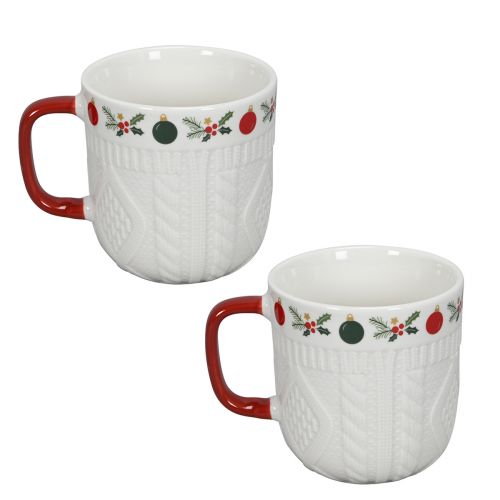 Product Ceramic Christmas mug with knitted pattern and festive decoration 9cm - red-white 2pcs
