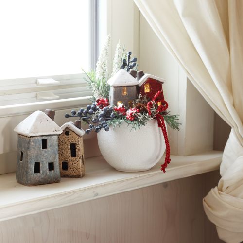 Ceramic house Advent decoration cream red grey 8.5/9.5cm 3 pieces
