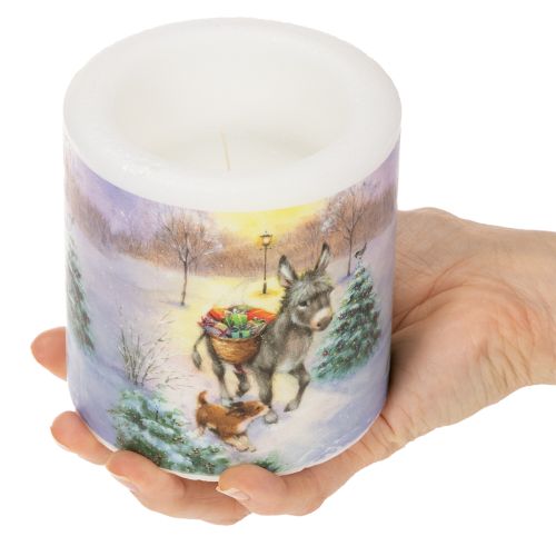 Winter Scene Pillar Candle with Donkey and Dog Motif, 10cm, White Wax | Floristik24.co.uk