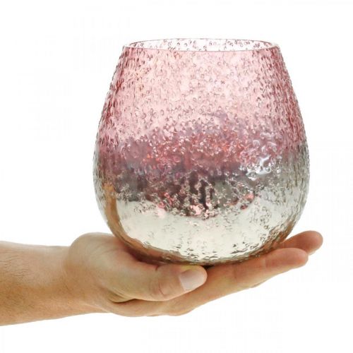 Glass lantern, tealight holder, table decoration, candle glass pink / silver Ø15cm H15cm