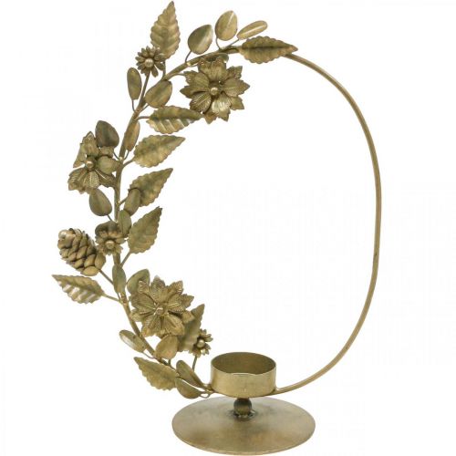 Product Tealight holder gold deco loop flowers cones H29.5cm