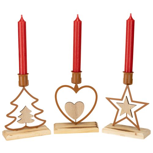 Product Candlestick candles star heart fir brown H16.5cm assorted 3pcs
