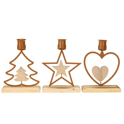Product Candlestick candles star heart fir brown H16.5cm assorted 3pcs