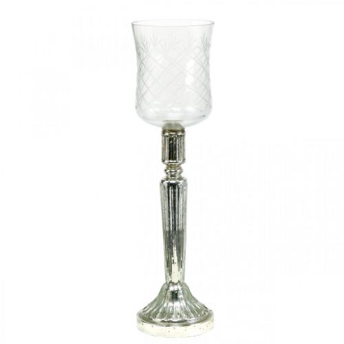 Lantern Glass Candlestick Antique Look Silver Ø11.5cm H42.5cm