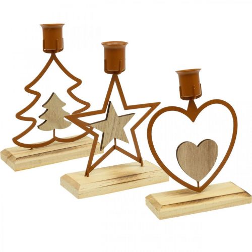 Floristik24 Candlestick candles star heart fir brown H16.5cm assorted 3pcs