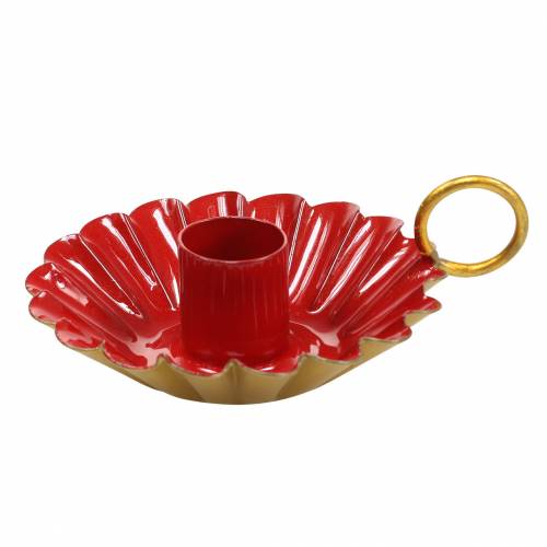 Candlestick with handle enamel look red, gold Ø13cm H4.4cm