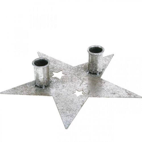 Candle decoration star, metal decoration, candle holder for 2 taper candles silver, antique look 23cm × 22cm