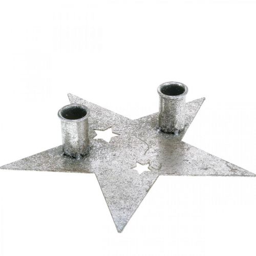 Product Candle decoration star, metal decoration, candle holder for 2 taper candles silver, antique look 23cm × 22cm