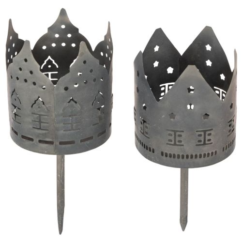 Metal Tea Light Holders with House Cut-Outs and Spike, Dark Grey, Set of 2, 6cm Diameter