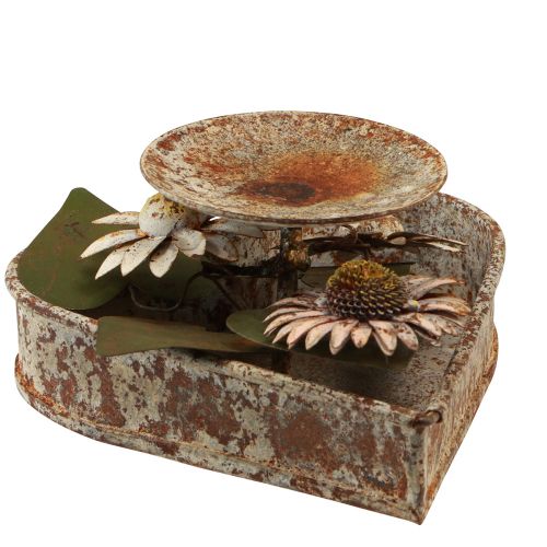 Candlestick metal heart with flowers tealight holder vintage rust 14×13cm