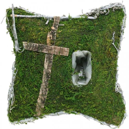 Product Cushion moss and vines with cross for grave arrangement 25x25cm