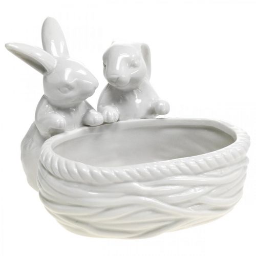 Floristik24 Rabbits with nest, table decoration, Easter nest, porcelain decoration, decorative bowl white L15cm H11cm