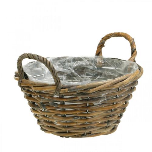 Flower decoration, wooden basket with handles, natural planter, white washed H12cm Ø24cm