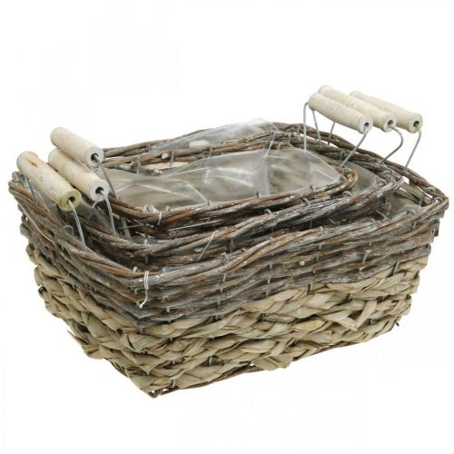Product Plant basket with handles, square basket bowl, natural planter for planting shabby chic washed white L30/25.5/21 cm H12/11/10 cm set of 3