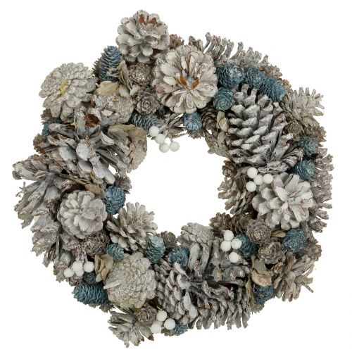 Floristik24 Cones wreath with glitter white, blue, natural Ø32cm