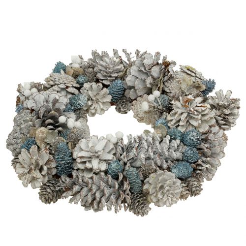 Floristik24 Cones wreath with glitter white, blue, natural Ø32cm