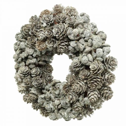 Product Deco wreath cones larch and cypress white, glitter Ø20cm 2pcs