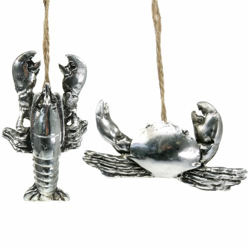 Deco crab and lobster to hang antique silver 9cm 2pcs