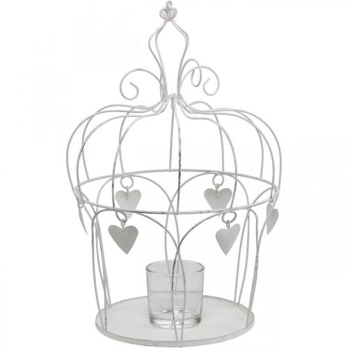 Crown with heart decor, tealight holder, shabby chic white Ø19cm H28.5cm