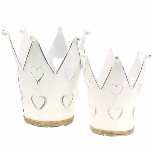 Floristik24 Zinc pot crown hearts washed white Ø12/14cm 2pcs