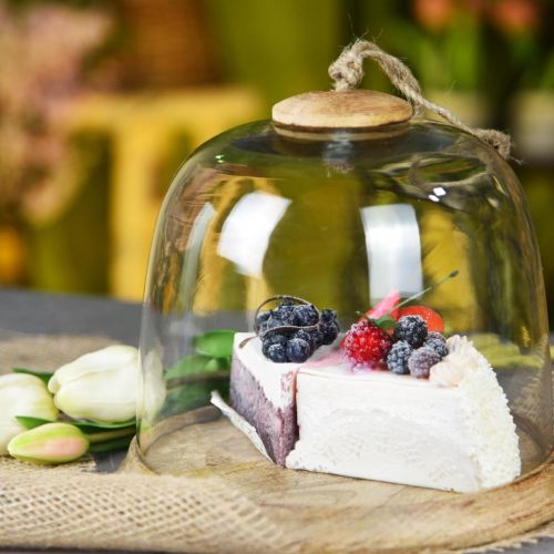 Floristik24 Glass bell with wooden plate, cake bell with jute handle H19cm Ø22.5cm