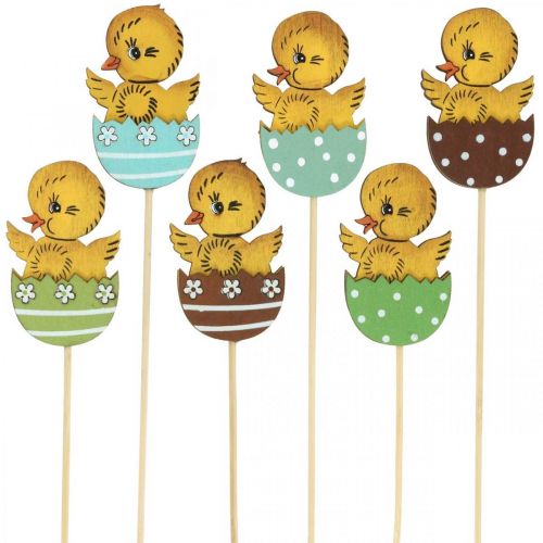 Product Easter decoration chick in egg wooden decoration figure on stick Easter 7cm 12pcs