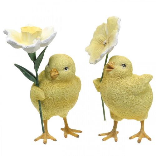 Floristik24 Happy Easter chicks, chicks with flowers, Easter table decorations, decorative chicks H11/11.5cm, set of 2