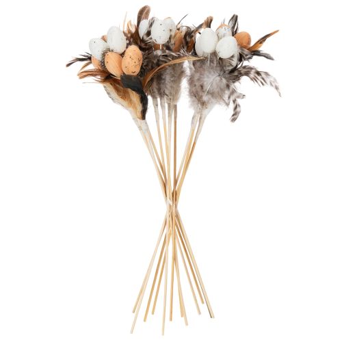 Artificial quail eggs, decorative feathers on a stick, 36cm, 12 pieces