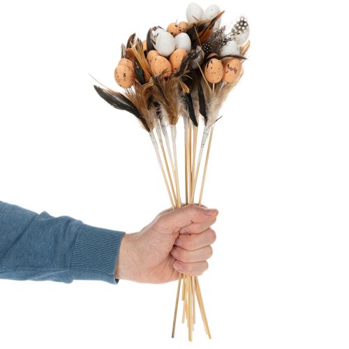 Product Artificial quail eggs, decorative feathers on a stick, 36cm, 12 pieces